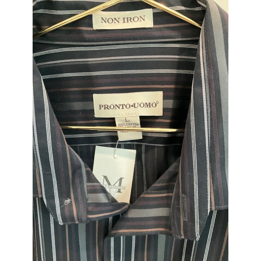 Pronto Uomo Black, Tan White Stripe Dress Shirt Size Large - Picture 5 of 7